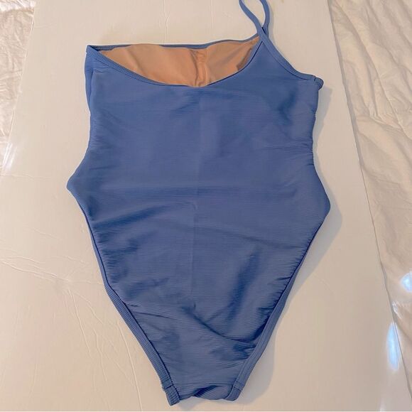 J. Crew Ribbed blue one strap one piece Swimsuit padded L 10 - Picture 6 of 11